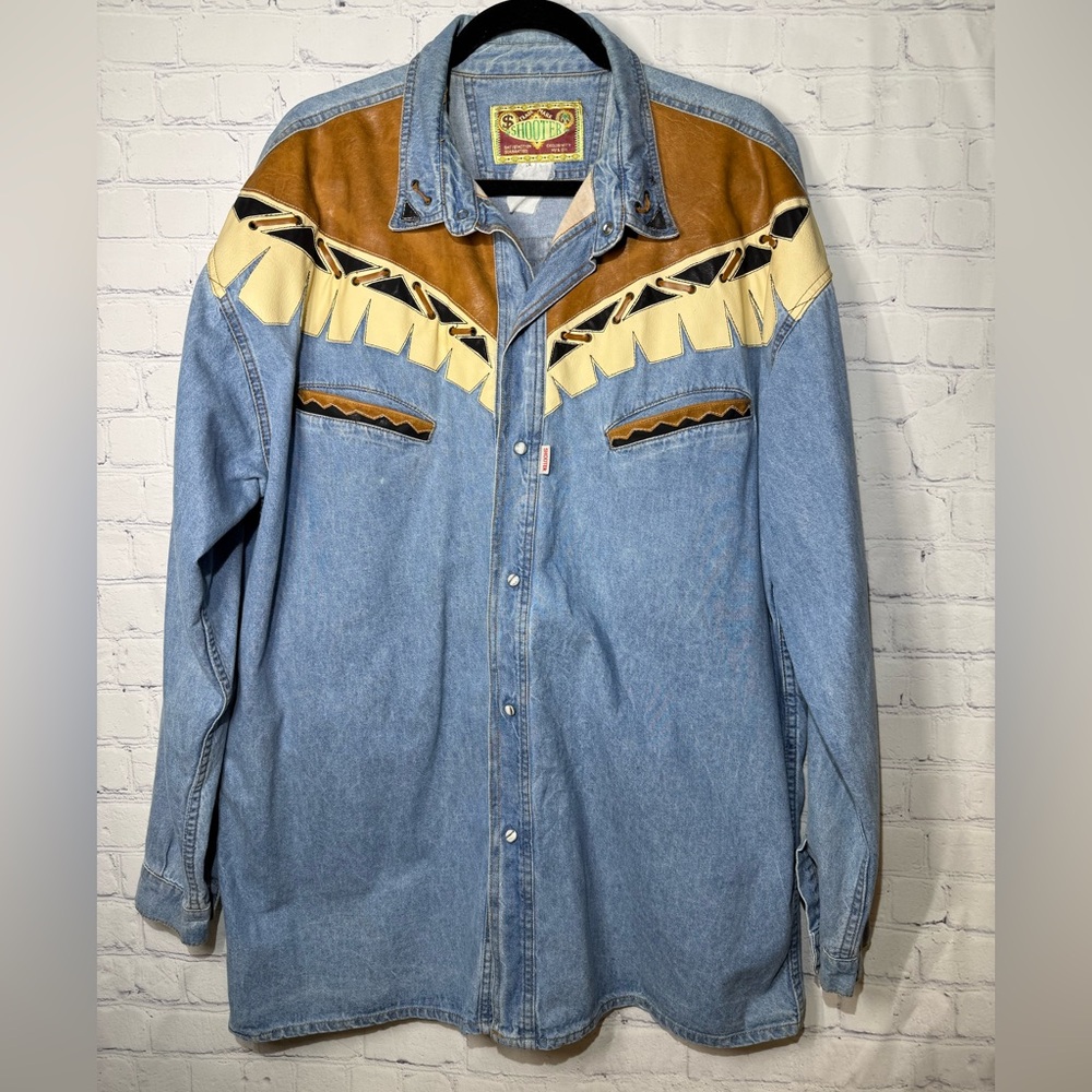 Vintage SHOOTER denim western shirt with faux leather inlays size 2XL